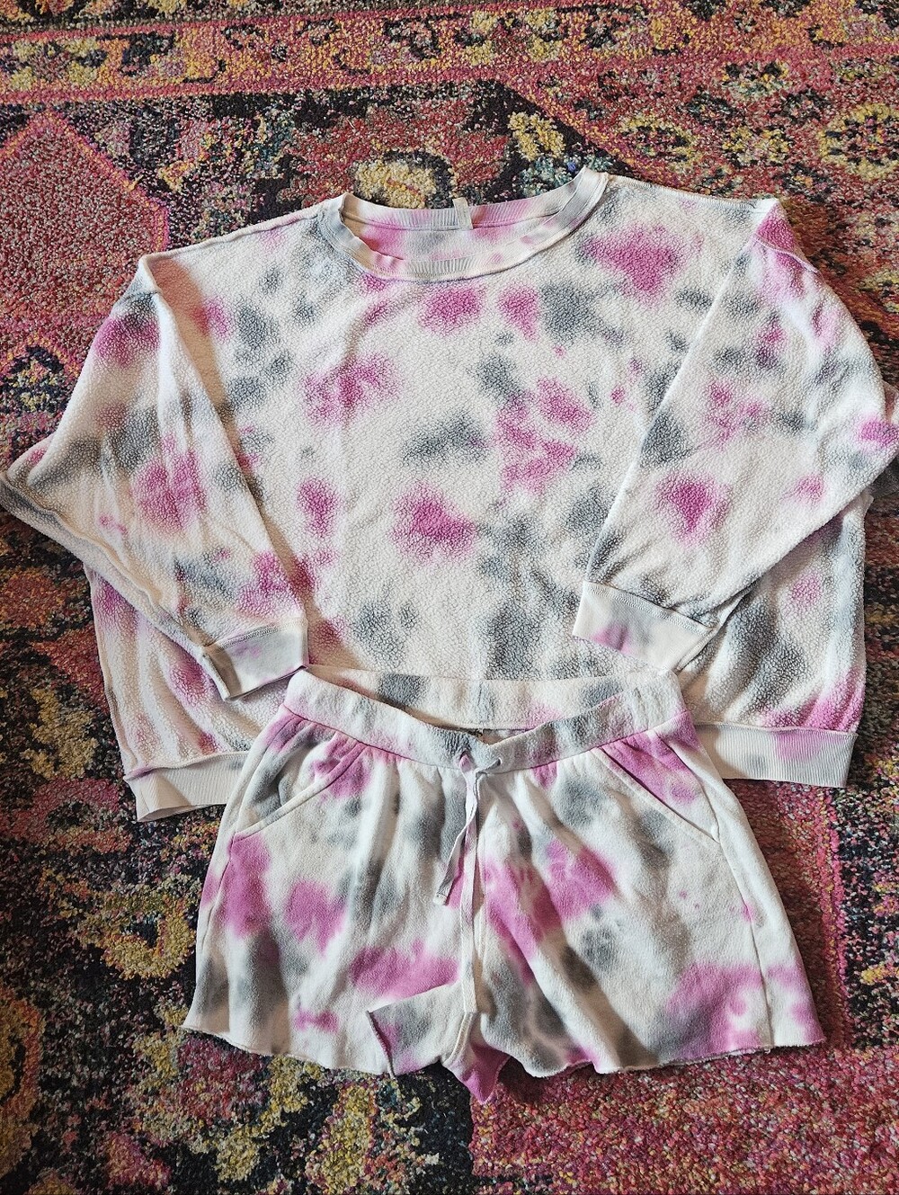 Free People Kelly Set Tie Dye Pink Lounge Set Women's Medium Sweatshirt + Shorts